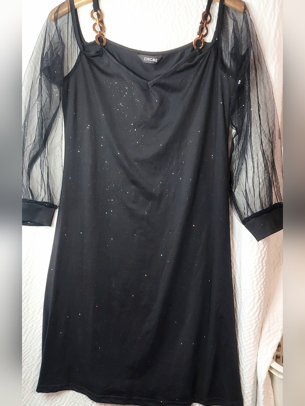 ChicMe Black Midi Glitter Dress with Sheer Sleeves
